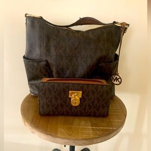 Michael Kors Brown and Gold Leather Tote and matching Wallet